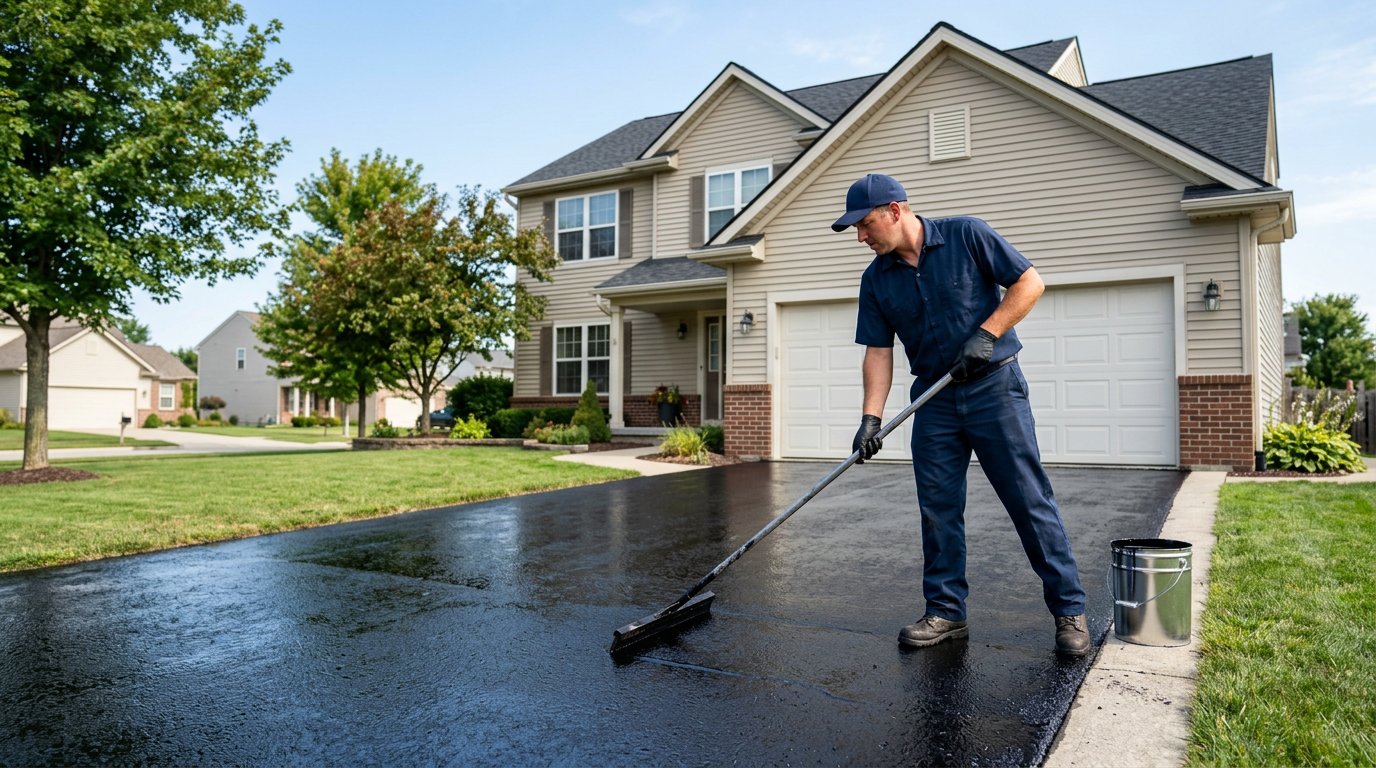 Conor, owner-operator of RS Paving, applying seal coating to a driveway