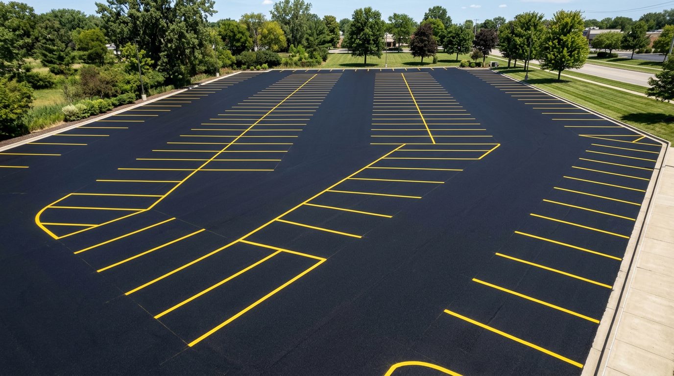 Freshly sealed American commercial parking lot with a deep black finish and crisp yellow bay markings