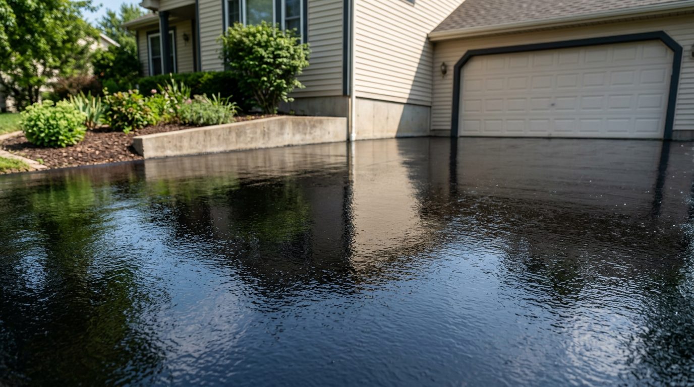Glossy jet-black freshly seal coated driveway at an American suburban home