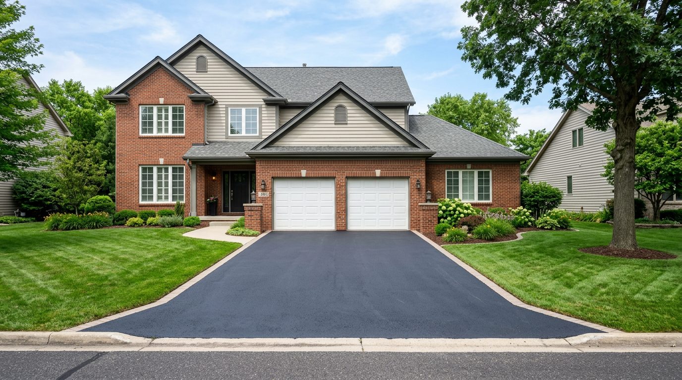 Smooth dark asphalt driveway with clean straight edges at an American home